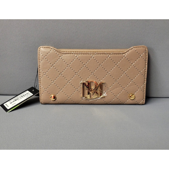 Badgley Mischka Wallet Taupe Quilted Long Cardholder Vegan Leather Snap Zip - Picture 1 of 14